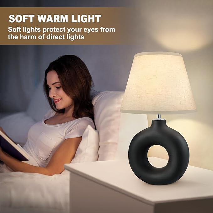 Black Ceramic Table Lamp for Living Room Bedroom, 21" Modern Bedside Lamps with 3 Color Temperature Farmhouse Rustic Table Lamps for Night Stands, Dorm, Office, Home Décor (Bulb Included) - LeafyLoom