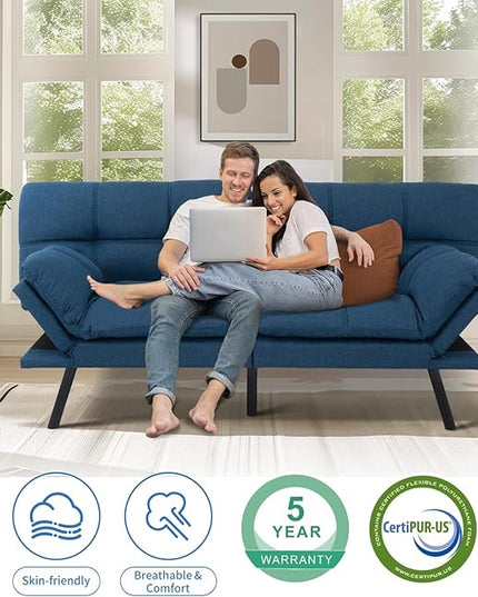 MUUEGM Futon Sofa Bed,Convertible Memory Foam Futons Couch Bed,Folding Sofa Bed Sleeper Couch Loveseat for Living Room,office,Apartment,Small Space,Adjustable Backrest Armrests,Blue - LeafyLoom