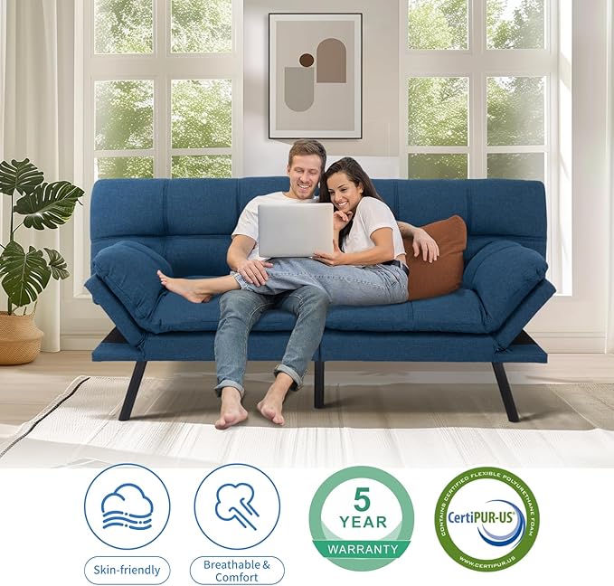 MUUEGM Futon Sofa Bed,Convertible Memory Foam Futons Couch Bed,Folding Sofa Bed Sleeper Couch Loveseat for Living Room,office,Apartment,Small Space,Adjustable Backrest Armrests,Blue - LeafyLoom