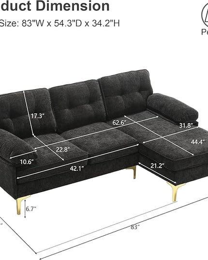 L Shaped Convertible Sleeper Sectional Sofa with Reversible Chaise, 3 Seater Corner Couch Bed with Detachable Pillow Armrest and Golden Metal Legs for Living Room Apartment Small Space - LeafyLoom