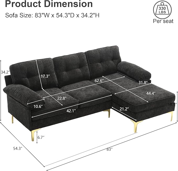 L Shaped Convertible Sleeper Sectional Sofa with Reversible Chaise, 3 Seater Corner Couch Bed with Detachable Pillow Armrest and Golden Metal Legs for Living Room Apartment Small Space - LeafyLoom