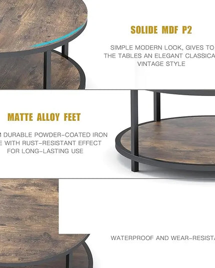 NSdirect 36 inches Round Coffee Table, Rustic Wooden Surface Top & Sturdy Metal Legs Industrial Sofa Table for Living Room Modern Design Home Furniture with Storage Open Shelf (Brown) - LeafyLoom
