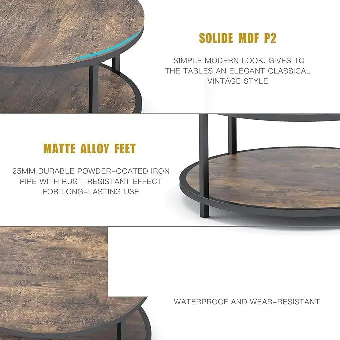 NSdirect 36 inches Round Coffee Table, Rustic Wooden Surface Top & Sturdy Metal Legs Industrial Sofa Table for Living Room Modern Design Home Furniture with Storage Open Shelf (Brown) - LeafyLoom