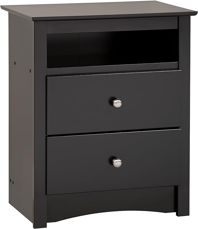Prepac's Fremont 2 Drawer Nightstand: Elegant Bedroom Furniture, Bedside Table with Open Shelf, 23.25"W x 16"D x 28"H, Black - BDC-2428 - LeafyLoom