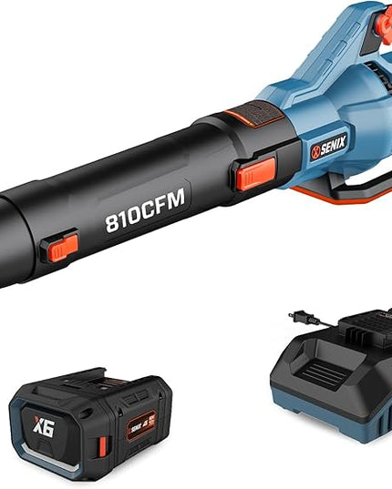 SENIX X6 60 Volt Max* Handheld Cordless Leaf Blower, Up to 810 CFM and 170 MPH, Variable Speed, Cruise Control, Lightweight, includes 4.0 Ah Battery and 3 Amp Charger (BLAX6-M1) - LeafyLoom