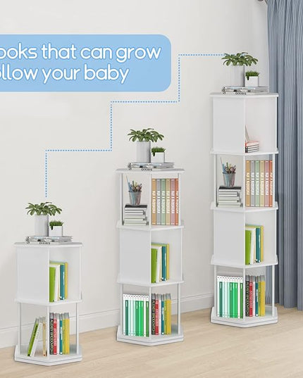 4 Tier Rotating Bookshelf, Wooden Spinning Bookshelf Tower, 360 Display Revolving Bookshelf Floor Standing Corner Narrow Revolving Bookcase for Living Room, Bedroom, White - LeafyLoom