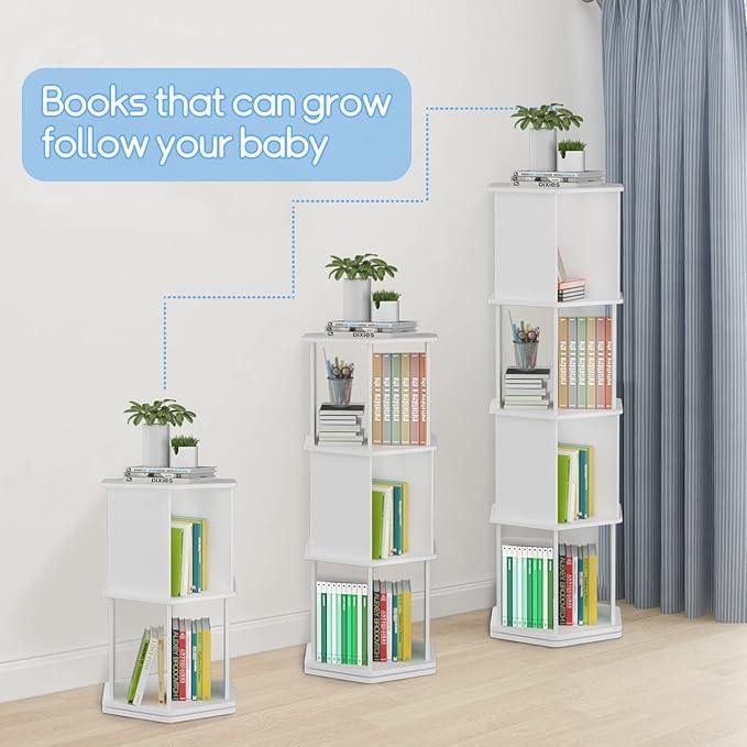 4 Tier Rotating Bookshelf, Wooden Spinning Bookshelf Tower, 360 Display Revolving Bookshelf Floor Standing Corner Narrow Revolving Bookcase for Living Room, Bedroom, White - LeafyLoom