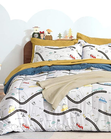 SLEEP ZONE Kids Twin Bedding Comforter Set - Super Cute & Soft Kids Bedding 5 Pieces Set with Comforter, Sheet, Pillowcase & Sham (Car Road) - LeafyLoom
