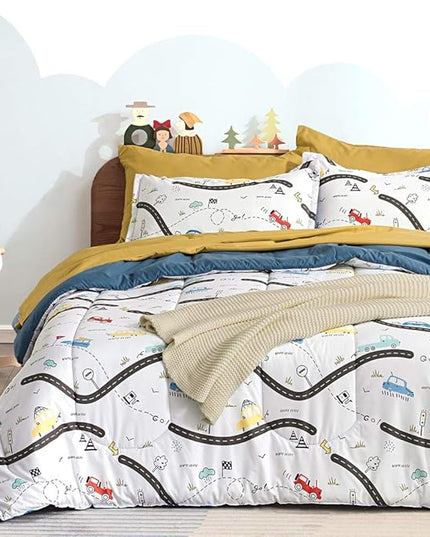 SLEEP ZONE Kids Bedding Comforter Set Full/Queen Size - Super Cute & Soft Kids Bedding 7 Pieces Set with Comforter, Sheet, Pillowcase & Sham (Car Road) - LeafyLoom