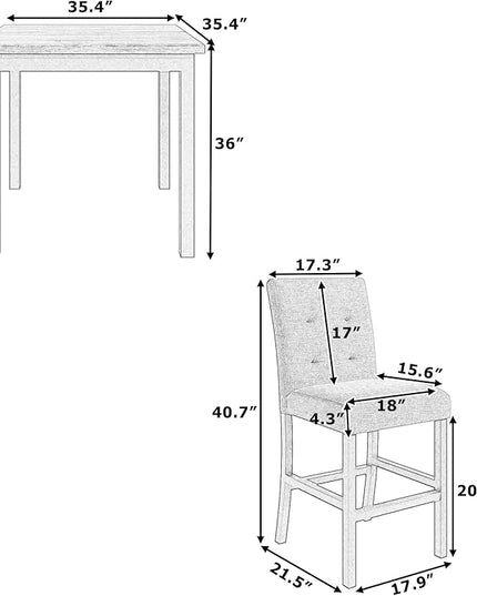 5-Piece Counter Height Dining Set, 35.4-Inch Wood Square Table and 4 Upholstered High-Back Chairs for Kitchen, Breakfast Nook, Bar, Living Room, Gray+Black, 35.4''L x 35.4''W x 36''H - LeafyLoom