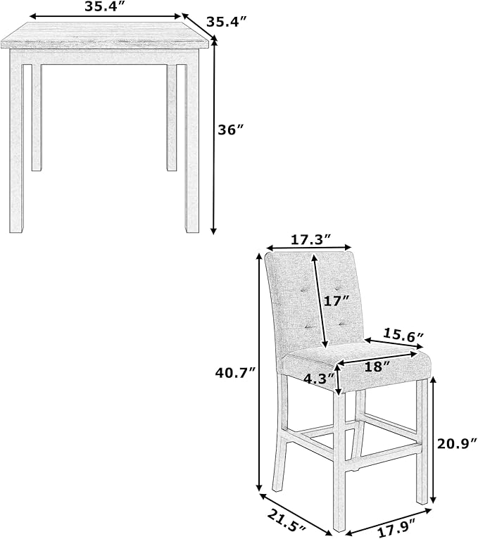 5-Piece Counter Height Dining Set, 35.4-Inch Wood Square Table and 4 Upholstered High-Back Chairs for Kitchen, Breakfast Nook, Bar, Living Room, Gray+Black, 35.4''L x 35.4''W x 36''H - LeafyLoom