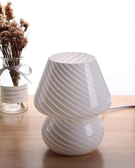 BSOD Mushroom Lamp,Glass Table Bedside Lamps Translucent Murano Vintage Style Striped Small Night Mushroom Decor Light Swirl for Ambient,Kids,Bedroom,Living,Girl Gift (Stripe White) - LeafyLoom