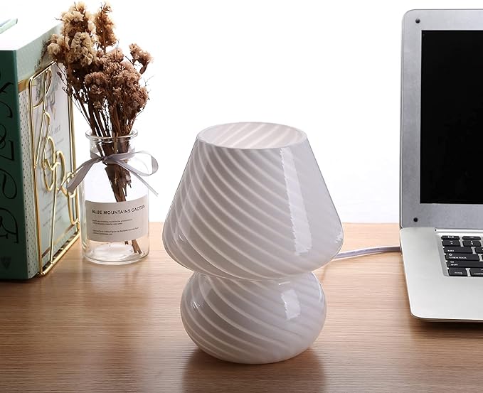 BSOD Mushroom Lamp,Glass Table Bedside Lamps Translucent Murano Vintage Style Striped Small Night Mushroom Decor Light Swirl for Ambient,Kids,Bedroom,Living,Girl Gift (Stripe White) - LeafyLoom