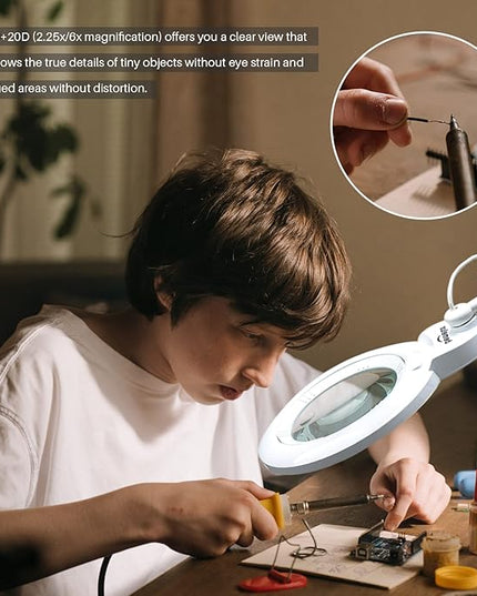 Bifocals Magnifying Desk Lamp with Clamp, 5 Diopter with 20 Diopter, 6 Inch Detachable Lens and 120PCS LEDs, 3 Color Modes 1200 Lumens Swivel Arm Magnifying Lamp with Light for Crafts - LeafyLoom