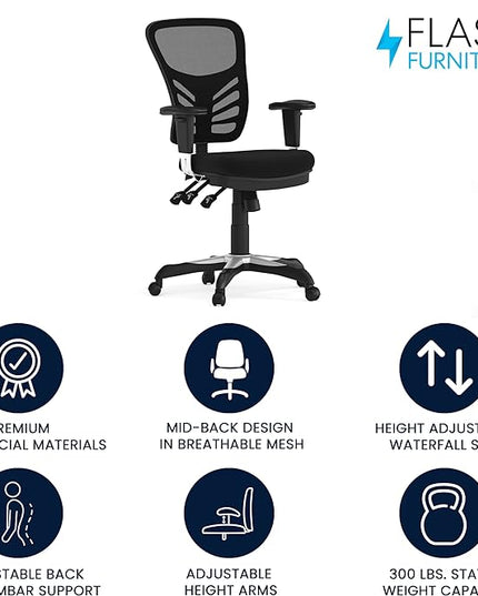 Flash Furniture Nicholas Mid-Back Black Mesh Multifunction Executive Swivel Ergonomic Office Chair with Adjustable Arms - LeafyLoom
