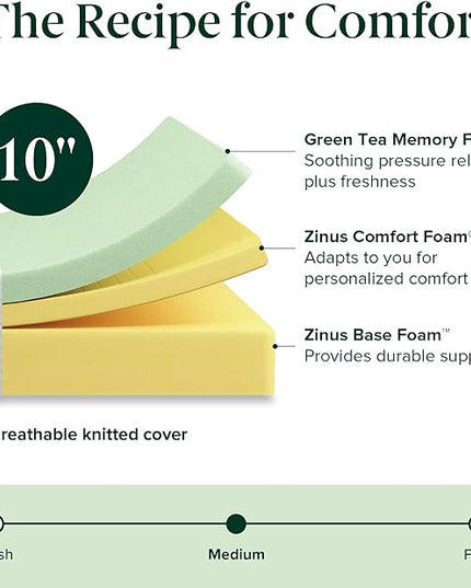 ZINUS 10 Inch Green Tea Memory Foam Mattress [New Version], Twin, Fiberglass free, Medium Firm Feel, Zoned Pressure Relief, Certified Safe Foams & Fabric, Mattress in A Box - LeafyLoom