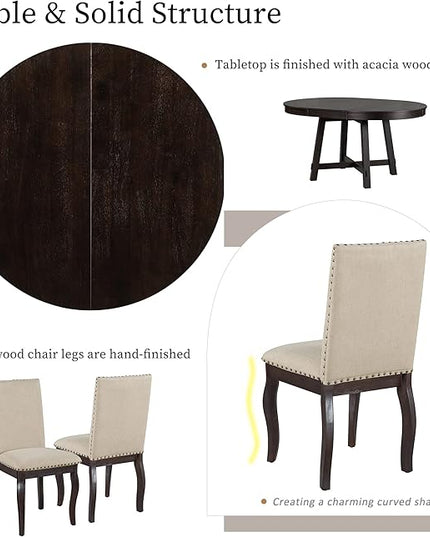 NicBex Round Dining Table Dining Room Set 5-Piece Farmhouse Dining Table Set Wood Round Extendable Dining Table and 4 Upholstered Dining Chairs for Set, Espresso - LeafyLoom