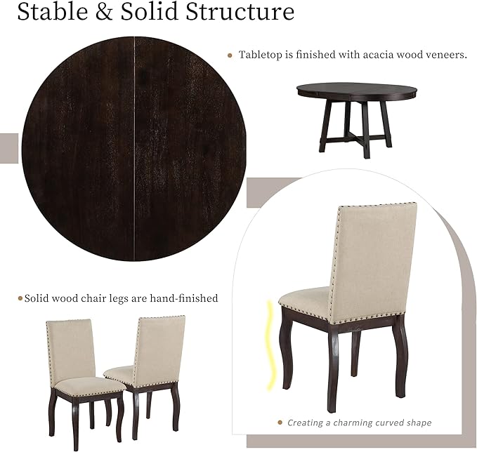 5 Piece Farmhouse Wooden Round Extendable Dining Table Set with 4 Upholstered Chairs, Espresso - LeafyLoom