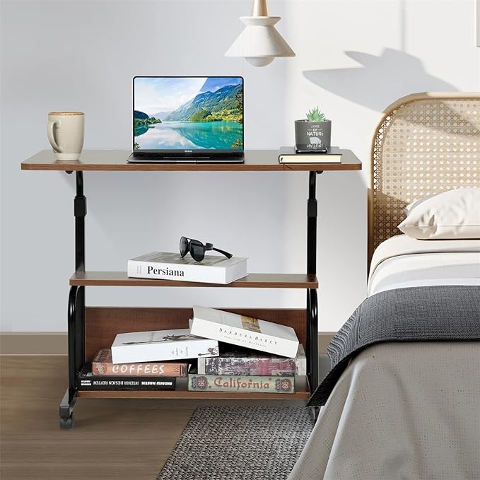 Portable Rolling Desk Adjustable Laptop Desk Small Standing Desk Home Office Desks for Small Spaces Table, 31.5" Brown Uplift Study Desk Mobile Computer Work Desk on Wheels - LeafyLoom