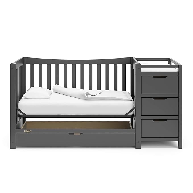 Graco Remi 4-in-1 Convertible Crib & Changer with Drawer (Gray) – GREENGUARD Gold Certified, Crib and Changing -Table Combo, Includes Changing Pad, Converts to Toddler Bed, Daybed and Full-Size Bed - LeafyLoom