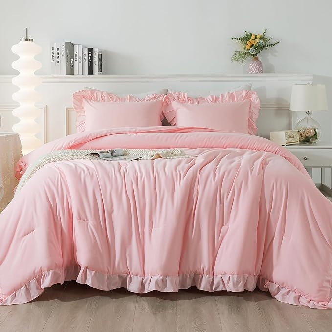 Andency Pink Ruffle Comforter Set Twin, 2 Pieces Kids Comforter Set Twin(66x90Inch), Lightweight Soft Girls Shabby Chic Bedding Comforter Set All Season Bed Set - LeafyLoom
