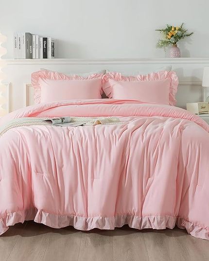 Andency Pink California King Comforter Set, 3 Pieces Cal King Light Pink Ruffle Comforter, Lightweight Soft Oversized Farmhouse Shabby Chic Microfiber Bedding Set (104x96Inch) - LeafyLoom
