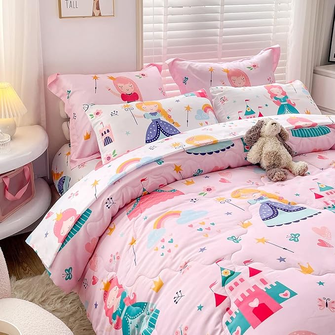 Wajade Kids Pink Princess Comforter Set Bed in a Bag Twin Size 7 Piece Princess Fairy Tales Castle Bedding Set for Girls (1 Comforter, 1 Flat Sheet, 1 Fitted Sheet, 2 Pillowcase and 2 Pillow Sham) - LeafyLoom