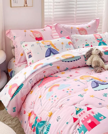 Wajade Kids Pink Princess Comforter Set Bed in A Bag Full Size 7 Piece Princess Fairy Tales Castle Bedding Set for Girl (1 Comforter, 1 Flat Sheet, 1 Fitted Sheet, 2 Pillowcase and 2 Pillow Sham) - LeafyLoom