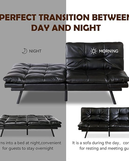Futon Sofa Bed, Memory Foam Futon Sleeper Sofa Loveseat Convertible Couch Bed for Small Compact Living Spaces,Apartment,Black Leather - LeafyLoom