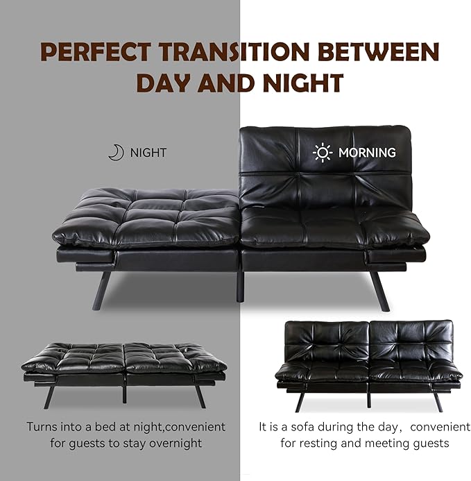 Futon Sofa Bed, Memory Foam Futon Sleeper Sofa Loveseat Convertible Couch Bed for Small Compact Living Spaces,Apartment,Black Leather - LeafyLoom