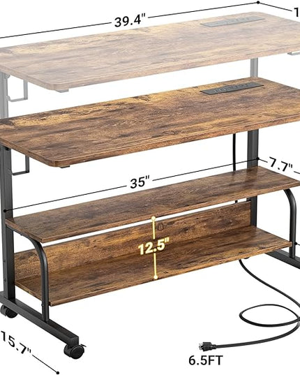 39" Height Adjustable Standing Desk with Power Outlets - Manual Rolling Stand Up Desk with Wheels Small Portable Computer Desk Mobile Laptop Table with Storage Shelves for Home Office, Rustic - LeafyLoom