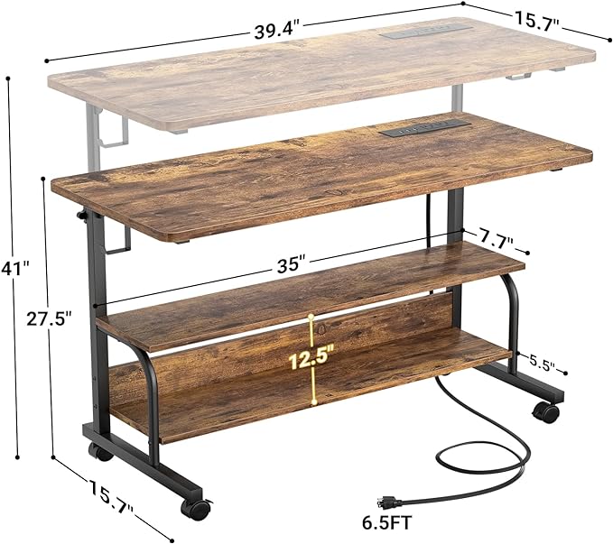 39" Height Adjustable Standing Desk with Power Outlets - Manual Rolling Stand Up Desk with Wheels Small Portable Computer Desk Mobile Laptop Table with Storage Shelves for Home Office, Rustic - LeafyLoom