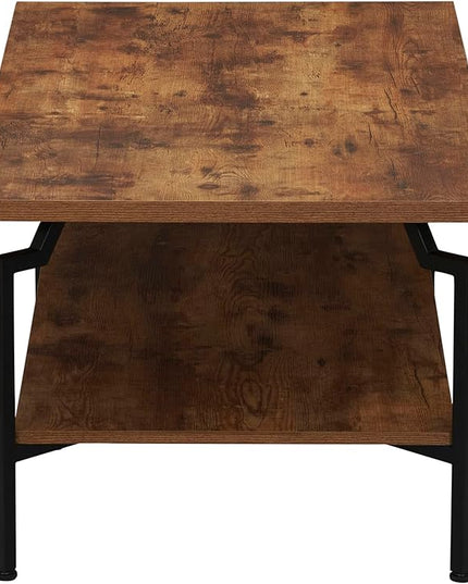 Household Essentials Crown Rectangular Coffee Table with Storage Shelf Rustic Hickory Wood Grain and Black Metal - LeafyLoom