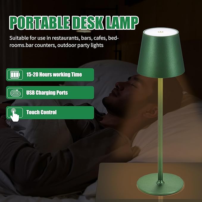 Cordless Table Lamps USB Rechargeable Simplicity Desk Lamp Built-in 4600 mAh Battery LED Battery Operated lamp with Touch Control Table lamp - Bedroom/Desk/Reading/Patio(Green) - LeafyLoom