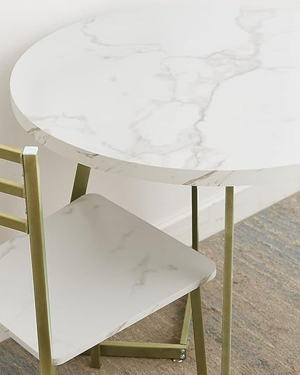 VECELO Small Round Dining Table Set for 2, Wood Marbled Tabletop with Steel Frame, Modern Dinette with Chairs for Kitchen Breakfast Nook Living Room, White and Gold - LeafyLoom