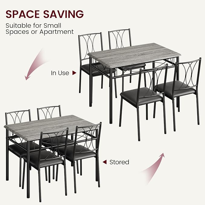 Dining Table Set, 5 Piece Dining Table set for 4, Rectangle Kitchen Table Set with 4 Upholstered Chairs, Dining Table Set for Small Space, Apartment, Retro Gray - LeafyLoom