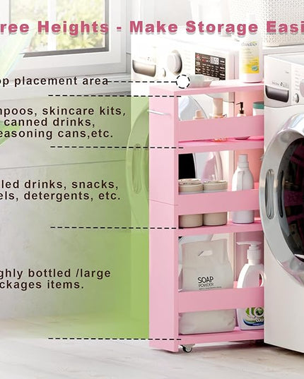 TEAMIX 4 Tier Slim Storage Cart with Handle, Pink Laundry Room Cart Between Washer and Dryer Rolling Narrow Kitchen Cart for Small Spaces (Pink, 5-1/2'' W) - LeafyLoom