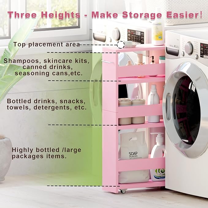 TEAMIX 4 Tier Slim Storage Cart with Handle, Pink Laundry Room Cart Between Washer and Dryer Rolling Narrow Kitchen Cart for Small Spaces (Pink, 5-1/2'' W) - LeafyLoom