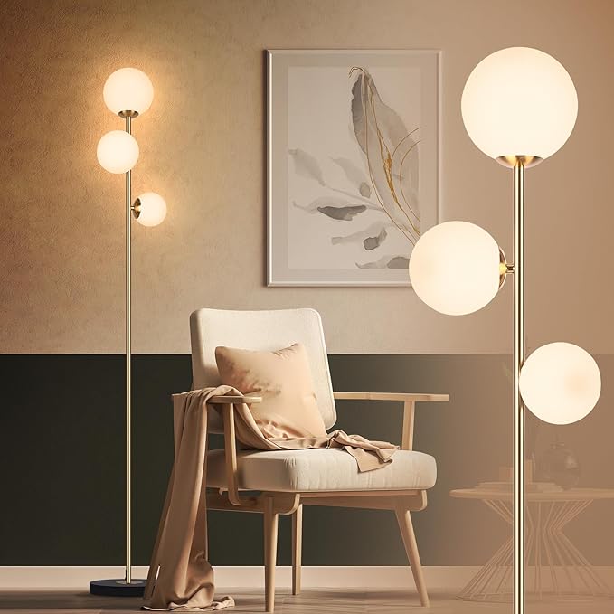 3 Globe Vintage Floor Lamp - 3 Color Options Moderm Floor Lamps for Living Room, Mid Century Standing lamp Home Decor for Bedrooms Office(Gold-Black, LED Bulbs Included) - LeafyLoom