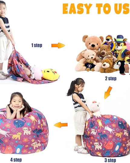 Stuffed Animal Storage Bean Bag Chair Cover, Hold Kids Plush Toys Blankets Towels Beanbag (Cover Only), Canvas Floor Circle Stuff Sit Seat Sofa with YKK Zipper, Large 32", Cat - LeafyLoom