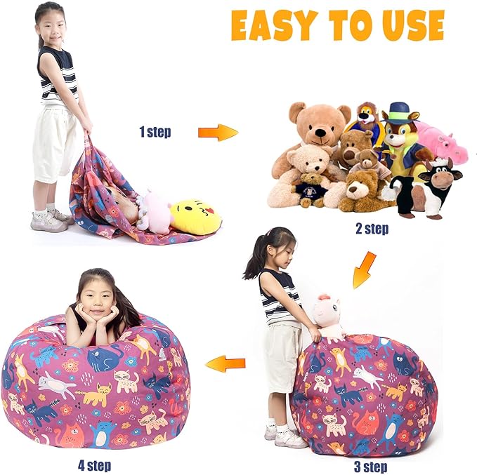Stuffed Animal Storage Bean Bag Chair Cover, Hold Kids Plush Toys Blankets Towels Beanbag (Cover Only), Canvas Floor Circle Stuff Sit Seat Sofa with YKK Zipper, Extra Large 38", Cat - LeafyLoom
