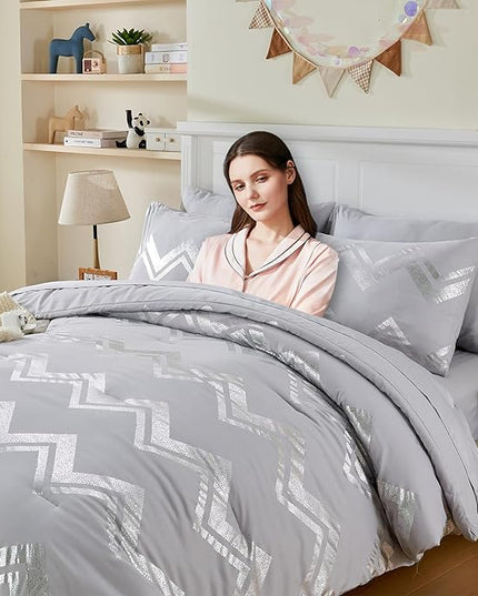 Wowelife 7 Pieces Silver Grey Comforter Set Queen Size Glitter Foil Gray Bedding Set Full Kids Bedroom Comforter Sets with Comforter, Flat Sheet, Fitted Sheet, 2 Pillowcases and 2 Pillow Shams - LeafyLoom