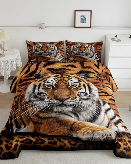 Tiger 3D Print Comforter Set Full Size Wild Animals Bedding Set 3pcs for Kids Teens Room Decor,Animal Fur Quilt Set Soft Breathable Duvet Insert with 2 Pillowcases - LeafyLoom