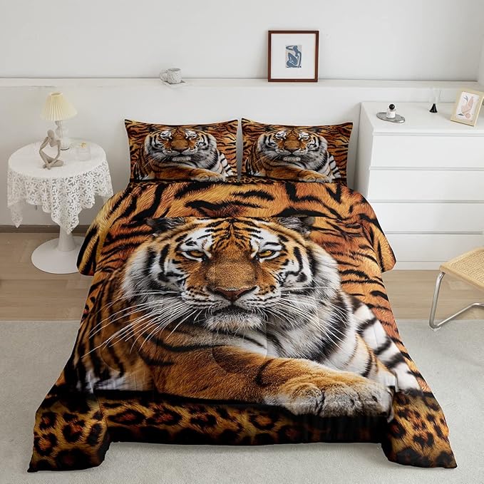 Tiger 3D Print Comforter Set Full Size Wild Animals Bedding Set 3pcs for Kids Teens Room Decor,Animal Fur Quilt Set Soft Breathable Duvet Insert with 2 Pillowcases - LeafyLoom