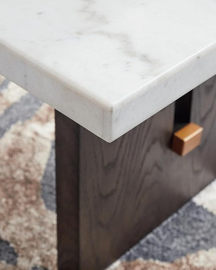 Signature Design by Ashley Burkhaus Traditional Rectangular Coffee Table with Marble Tabletop, Dark Brown & White - LeafyLoom