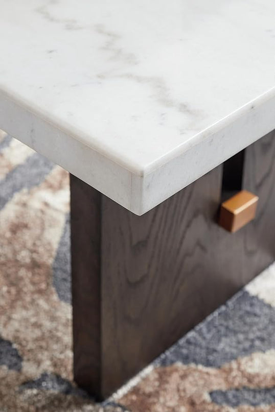 Signature Design by Ashley Burkhaus Traditional Rectangular Coffee Table with Marble Tabletop, Dark Brown & White - LeafyLoom