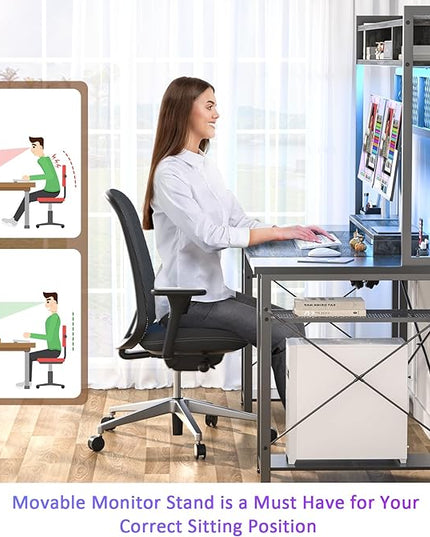 armocity 2024 Upgrade Gaming Desk with Hutch, 55.2'' Magic Computer Desk with LED and Outlets, Reversible Workstation Desk with Pegboard, Grey/Black - LeafyLoom