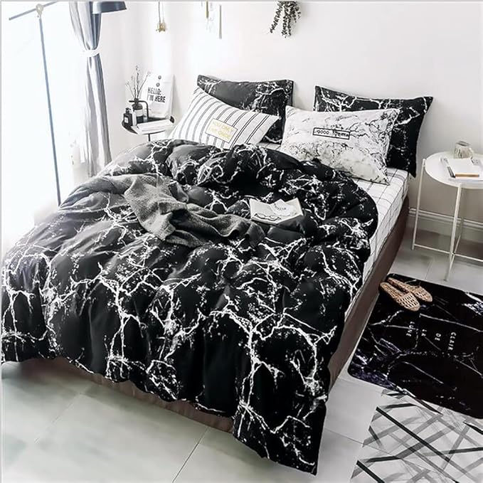 Black Marble Comforter Set Full/Queen White Texture Bedding Reversible Teen Boy Men Full Size Soft Lightweight Quilt Set, 3 PCs( 1 Comforter, 2 Pillowcases) - LeafyLoom