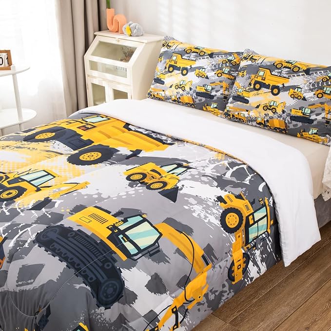 Feelyou Kids Construction Comforter Set Queen Size Bedding Sets for Boys Toddler Children Cartoon Excavator Tractor Comforter Set Construction Machinery Truck Duvet Set Baby Boys Vehicles Cars Bed Set - LeafyLoom