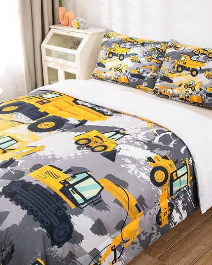 Feelyou Kids Construction Comforter Set Twin Bedding Sets for Boys Toddler Children Cartoon Cars Excavator Tractor Comforter Set Construction Machinery Truck Duvet Set Cars Bed Set with 1 Pillow Case - LeafyLoom